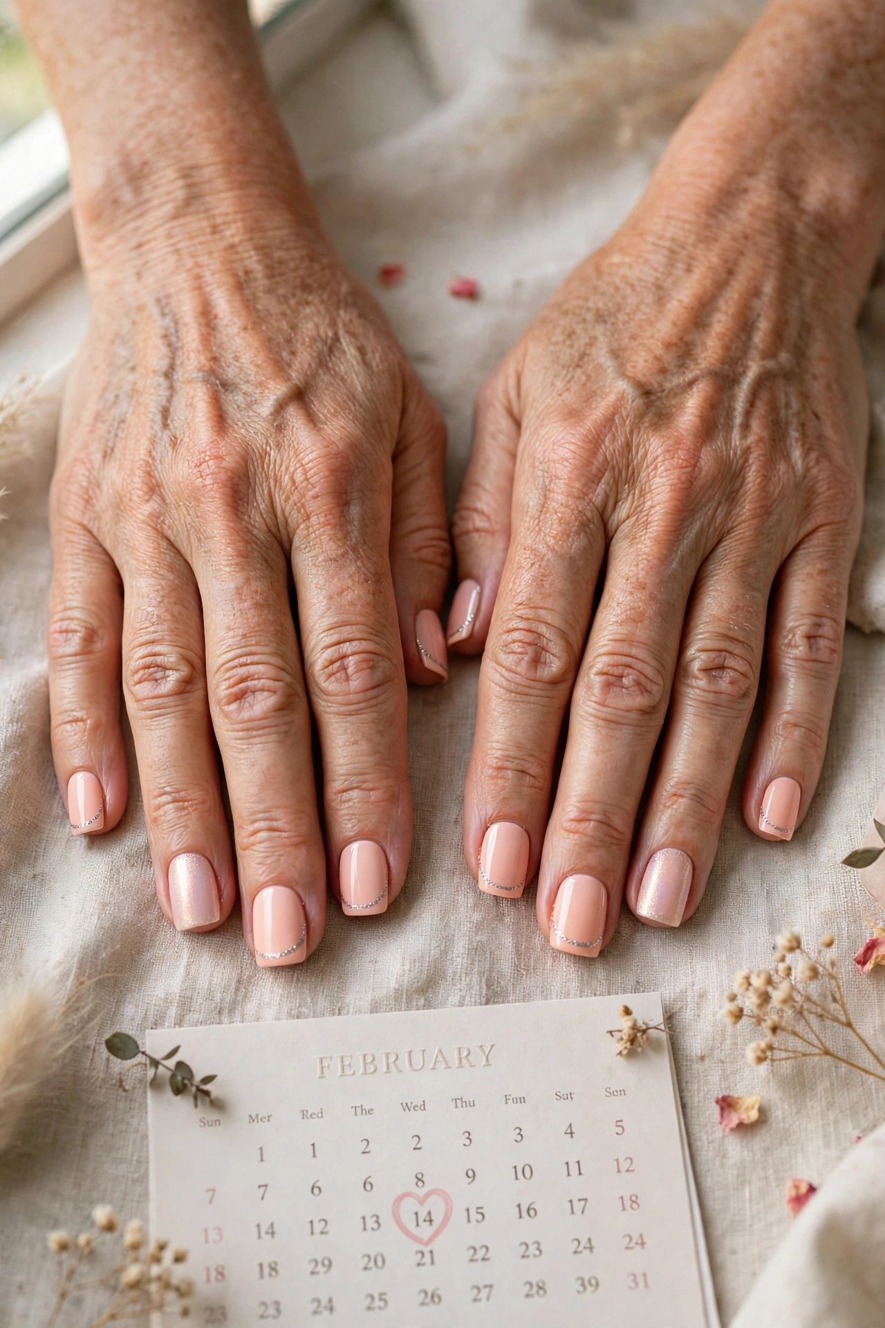 18 Pastel Valentine Accent Nails for Women over 50 for February Dates That Are Chic, Pretty and Easy to Wear 4 Pastel Peach Pastel Valentine Accent Nails in Short Square Shape with a Silver Shimmer Line