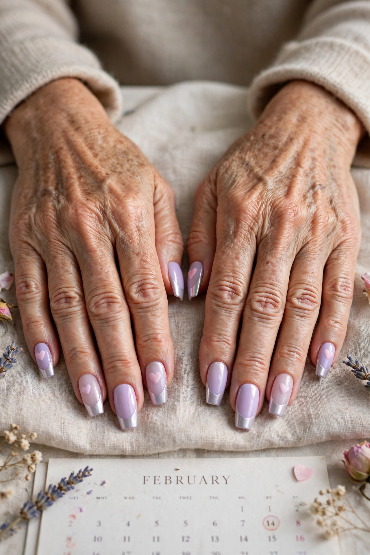 18 Pastel Valentine Accent Nails for Women over 50 for February Dates That Are Chic, Pretty and Easy to Wear 6 Pastel Lilac Pastel Valentine Accent Nails in Coffin Shape with a Frosted Chrome Tip