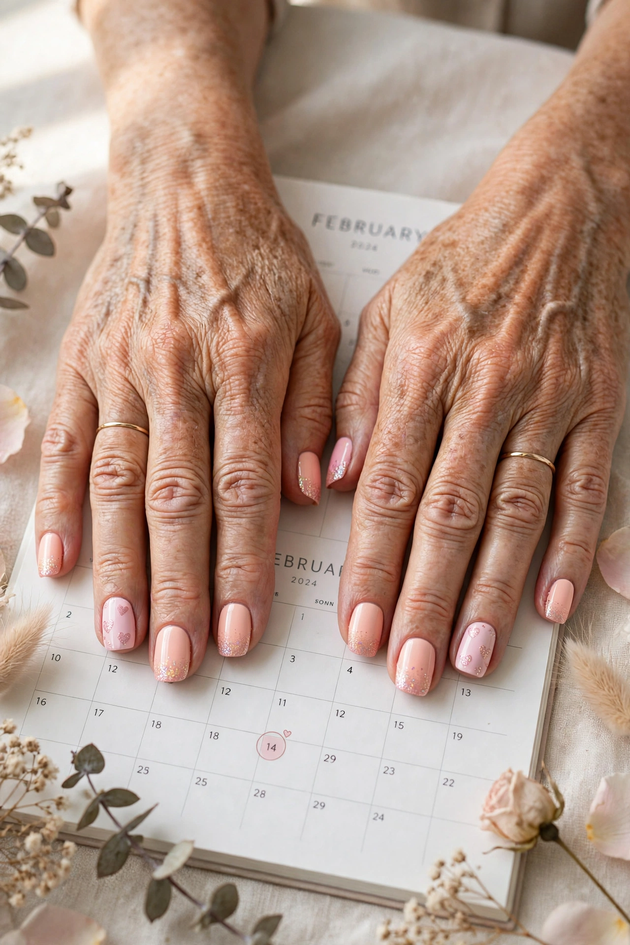 18 Pastel Valentine Accent Nails for Women over 50 for February Dates That Are Chic, Pretty and Easy to Wear 7 Pastel Peach Pastel Valentine Accent Nails in Squoval Shape with a Glitter Fade Tip