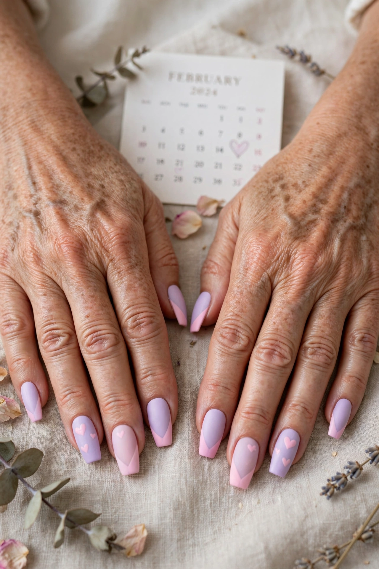 18 Pastel Valentine Accent Nails for Women over 50 for February Dates That Are Chic, Pretty and Easy to Wear 12 Pastel Lilac Pastel Valentine Accent Nails in Coffin Shape with a Two-Tone Finish