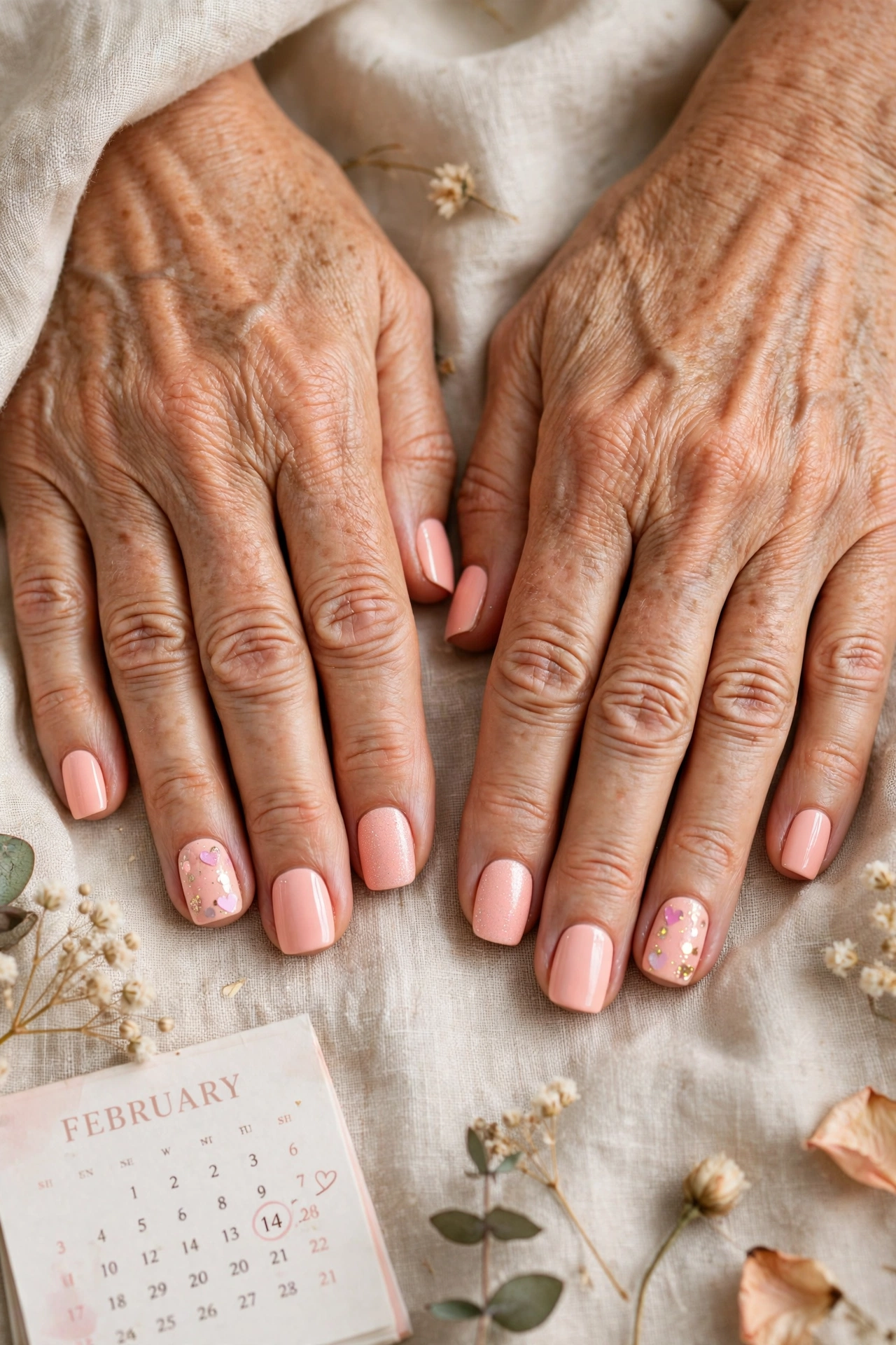 18 Pastel Valentine Accent Nails for Women over 50 for February Dates That Are Chic, Pretty and Easy to Wear 16 Pastel Peach Pastel Valentine Accent Nails in Short Square Shape with a Subtle Glitter Accent