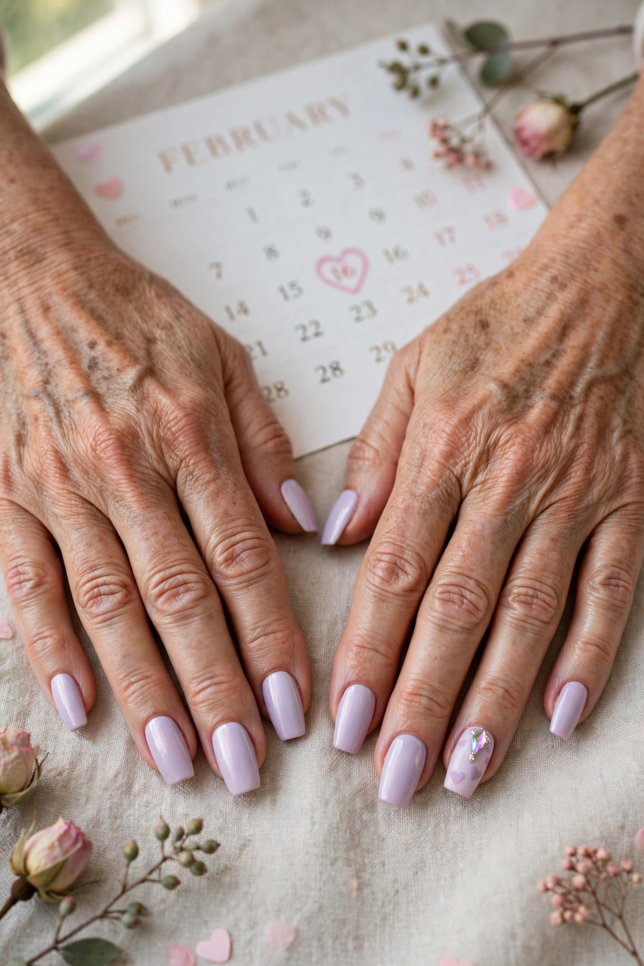 18 Pastel Valentine Accent Nails for Women over 50 for February Dates That Are Chic, Pretty and Easy to Wear 18 Pastel Lilac Pastel Valentine Accent Nails in Coffin Shape with a Jewel Accent on One Nail