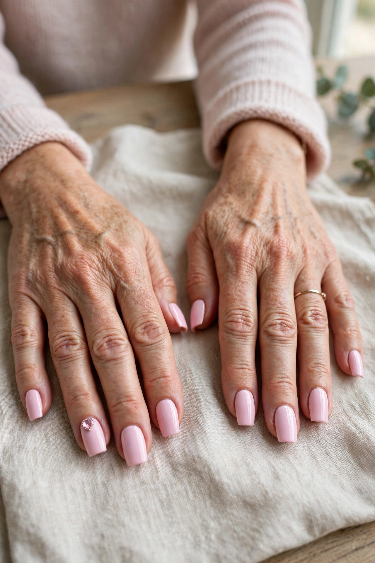 Pastel Pink Pastel Valentine Short Nails in Coffin Shape with a Jewel Accent on One Nail