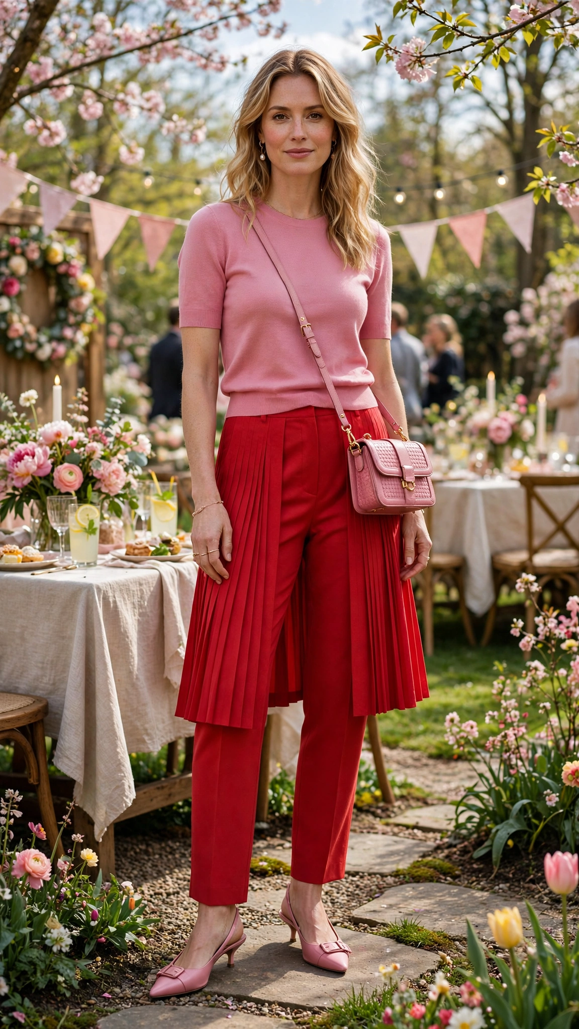 Rose Pink and Scarlet Pink and Red Colour Block Outfit with a red pleated skirt and slingbacks