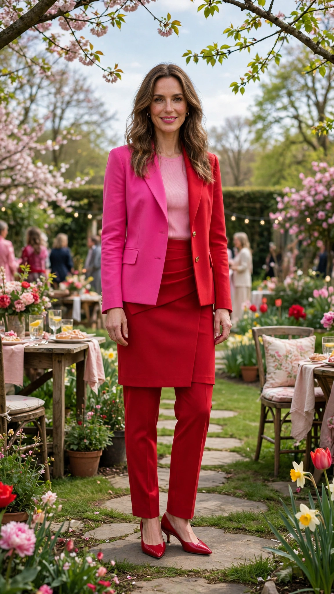 Hot Pink and Cherry Red Pink and Red Colour Block Outfit with a red pencil skirt and kitten heels