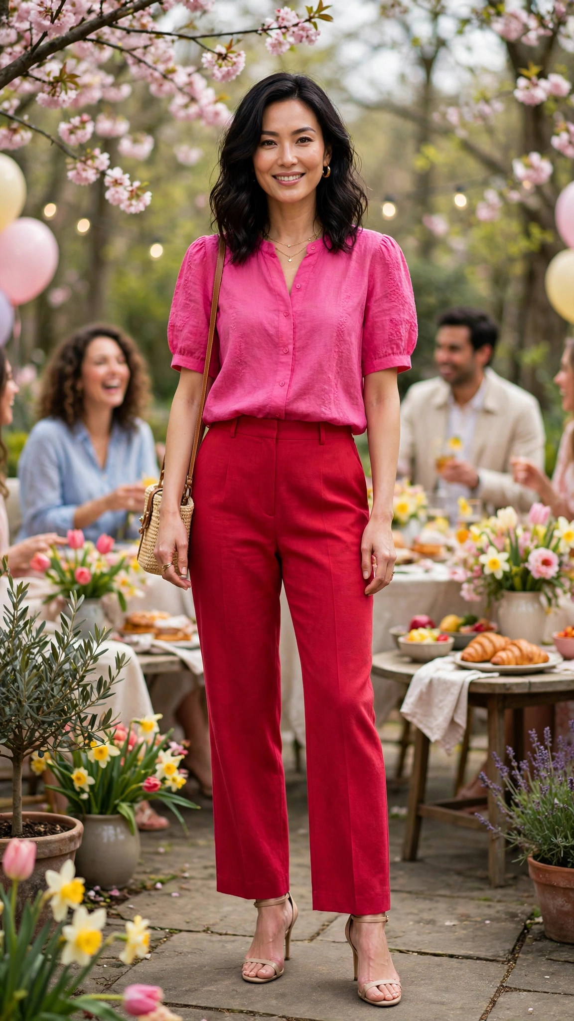 Hot Pink and Cherry Red Pink and Red Colour Block Outfit with red trousers and nude heels