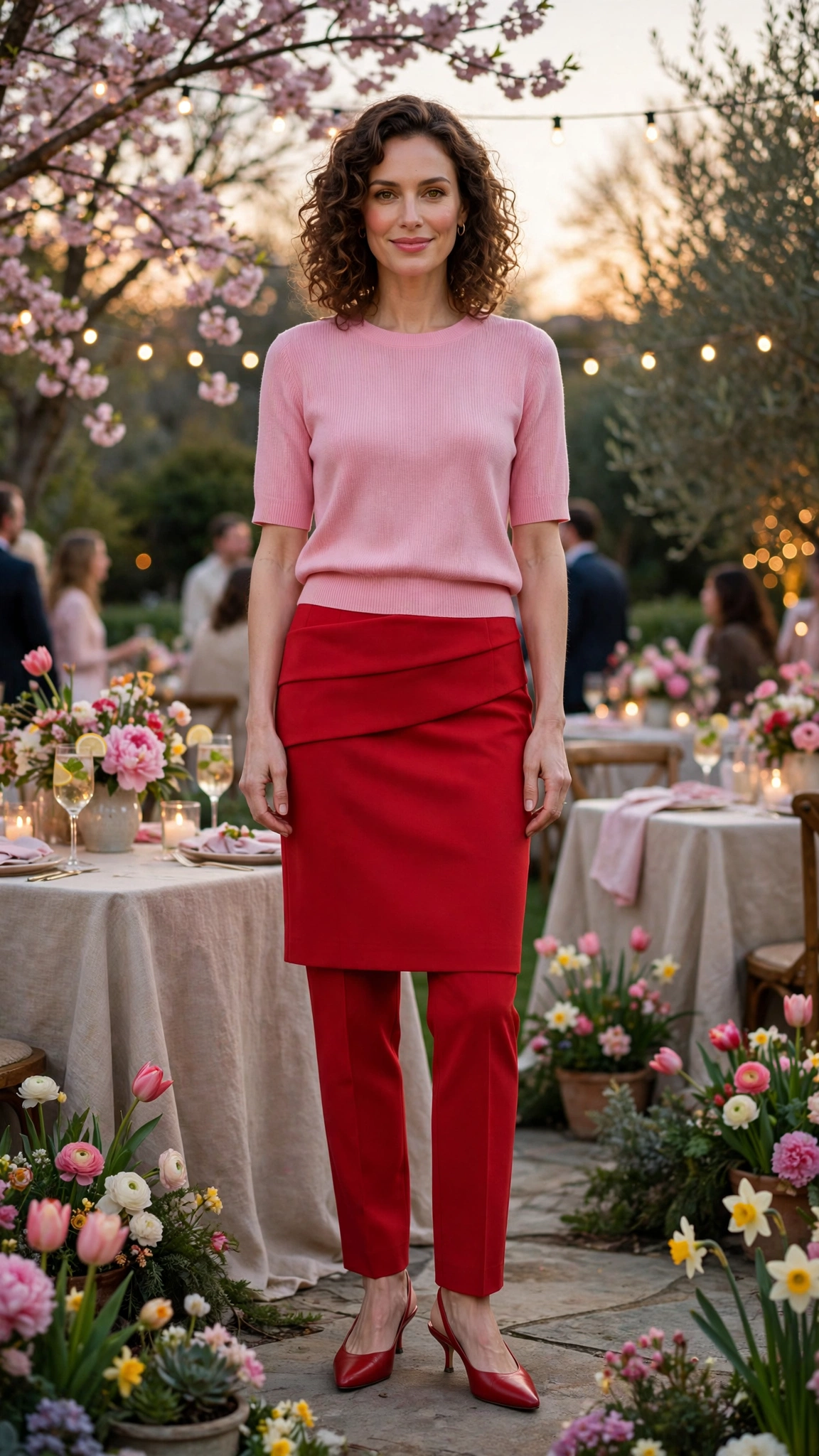 Pink and Red Pink and Red Colour Block Outfit with a red pencil skirt and kitten heels