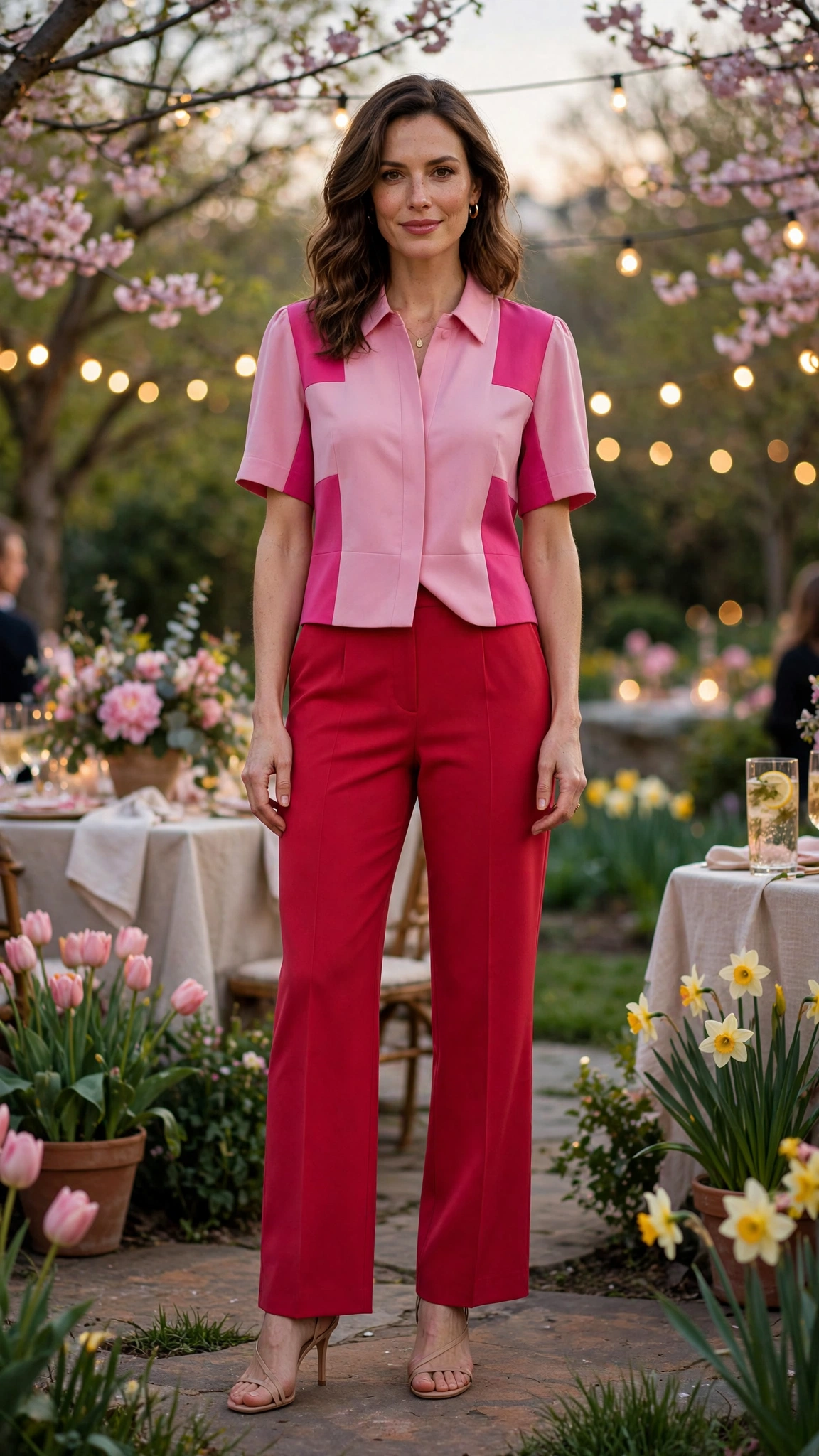 Fuchsia and Red Pink and Red Colour Block Outfit with red trousers and nude heels
