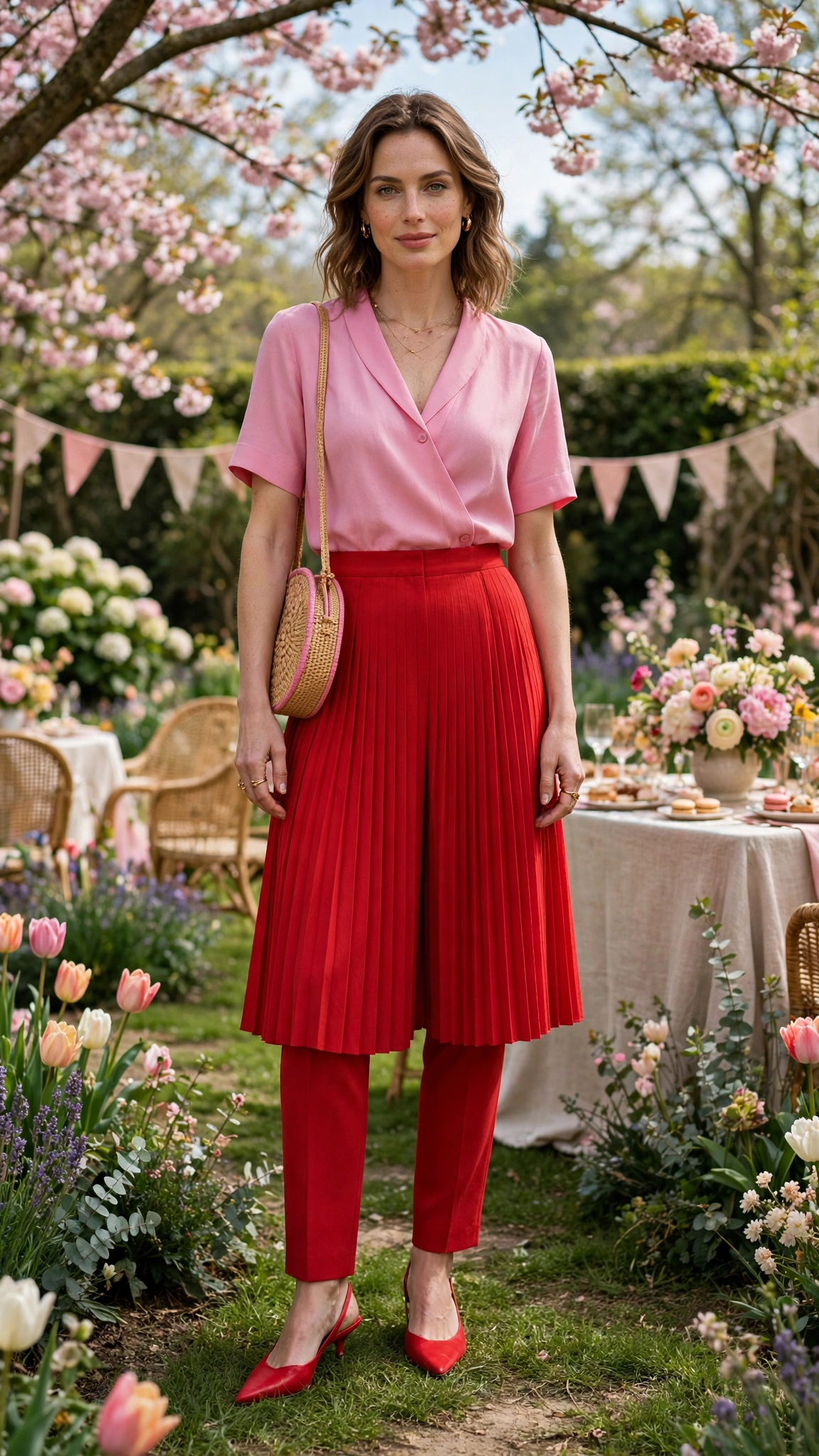 Red and Pink Pink and Red Colour Block Outfit with a red pleated skirt and slingbacks