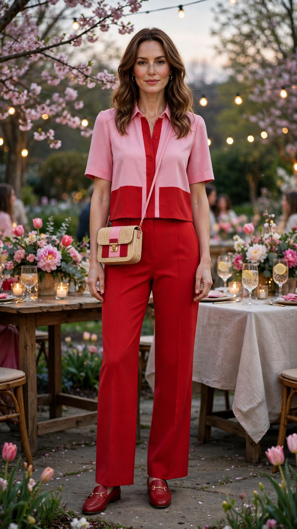 Pink and Red Pink and Red Colour Block Outfit with red tailored trousers and loafers