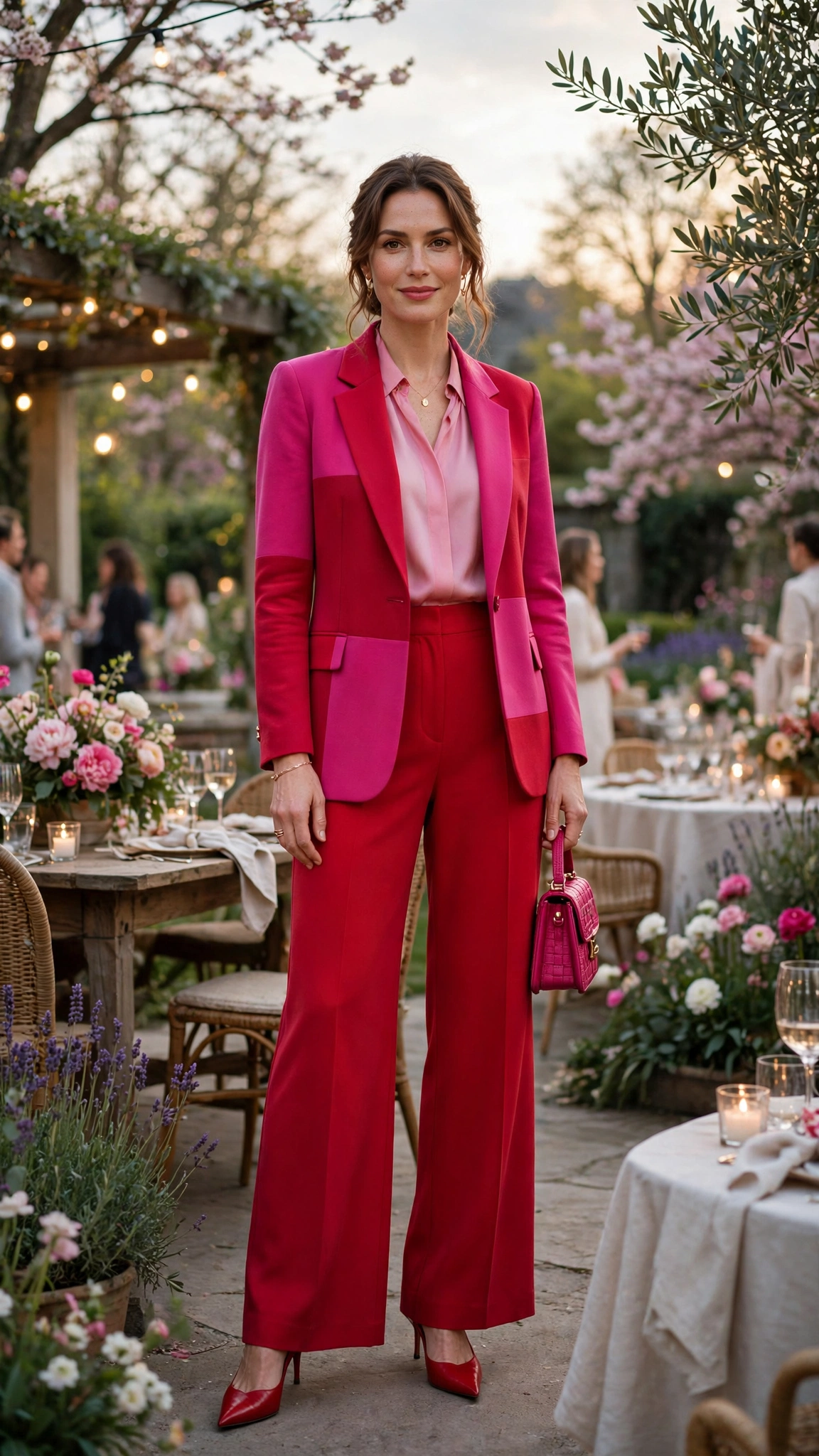 Fuchsia and Red Pink and Red Colour Block Outfit with red wide-leg trousers and pointed pumps