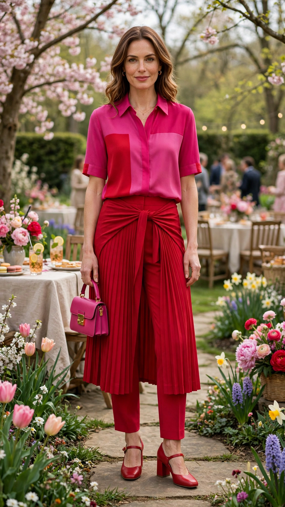 Fuchsia and Red Pink and Red Colour Block Outfit with a red midi skirt and block heels