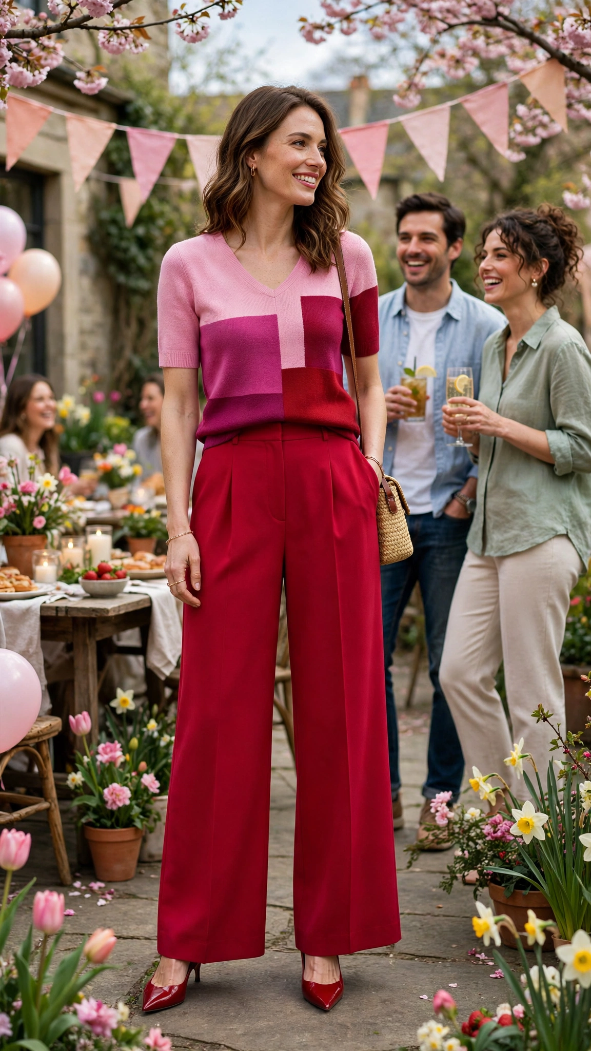 Magenta and Ruby Pink and Red Colour Block Outfit with red wide-leg trousers and pointed pumps