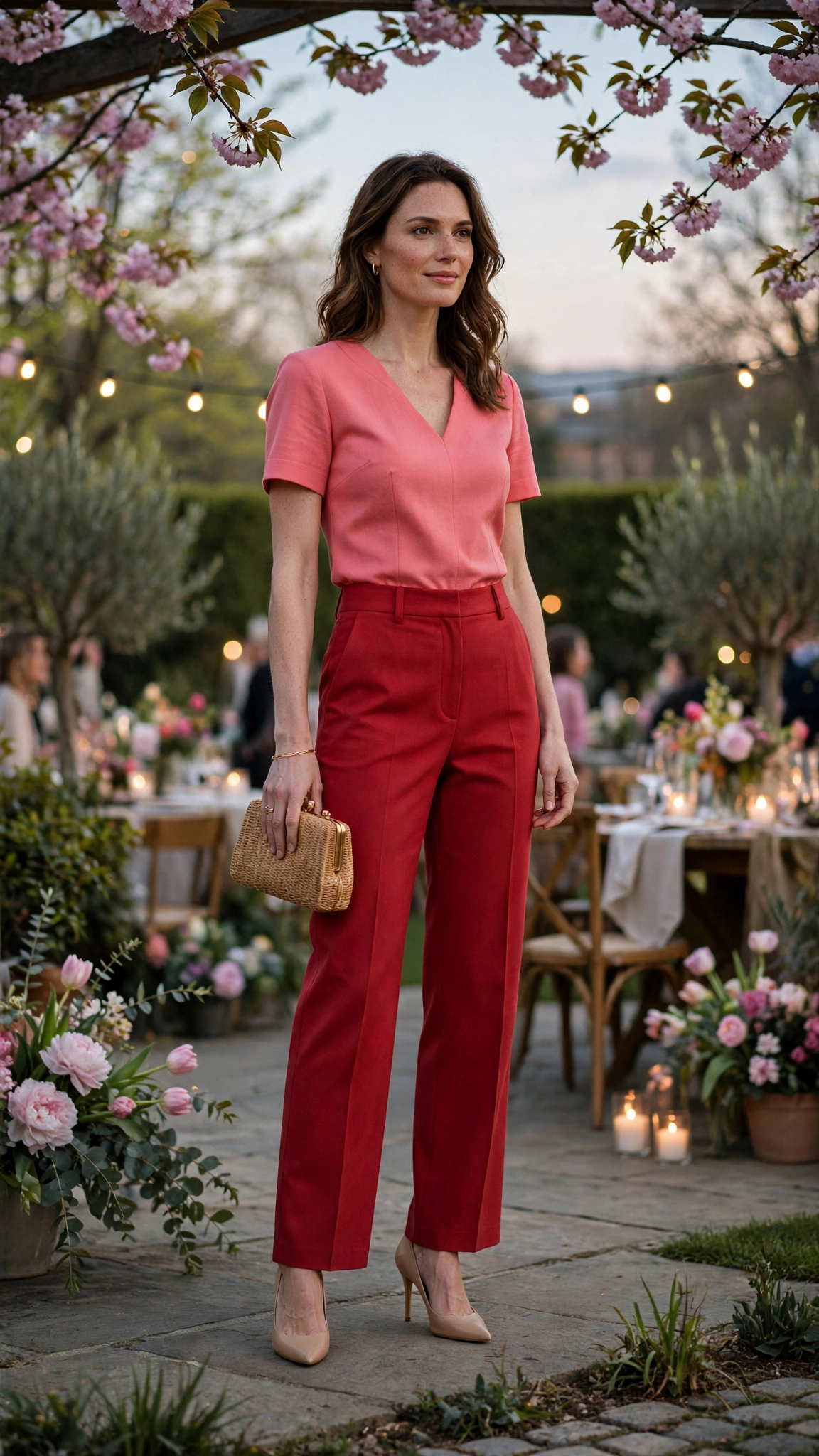 Coral Pink and Brick Red Pink and Red Colour Block Outfit with red trousers and nude heels