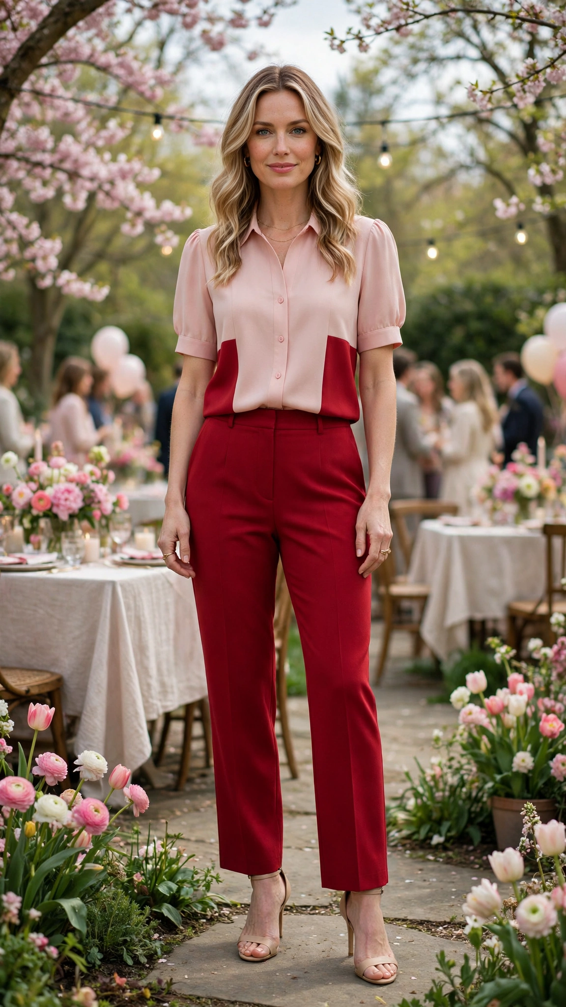 Blush Pink and Crimson Pink and Red Colour Block Outfit with red trousers and nude heels