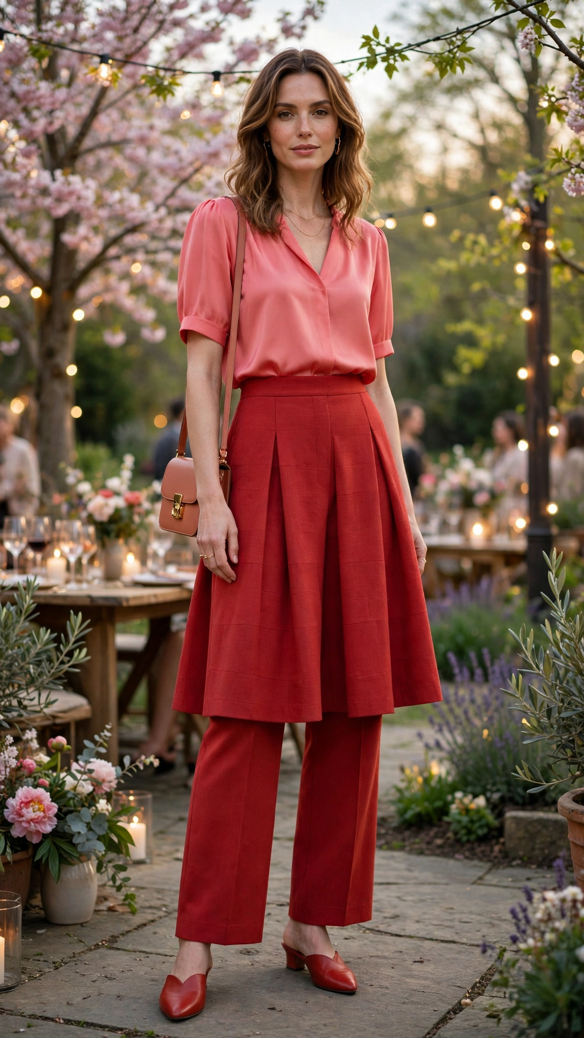 Coral Pink and Brick Red Pink and Red Colour Block Outfit with a red A-line skirt and mules