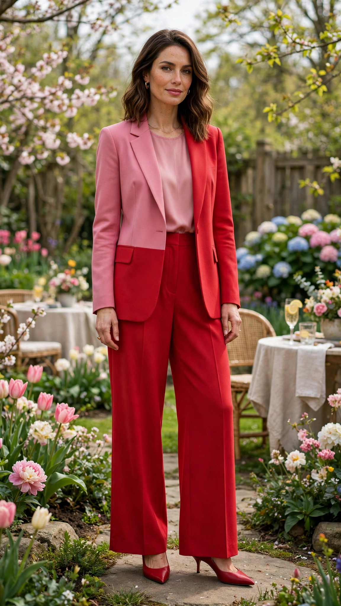 Rose Pink and Scarlet Pink and Red Colour Block Outfit with red wide-leg trousers and pointed pumps