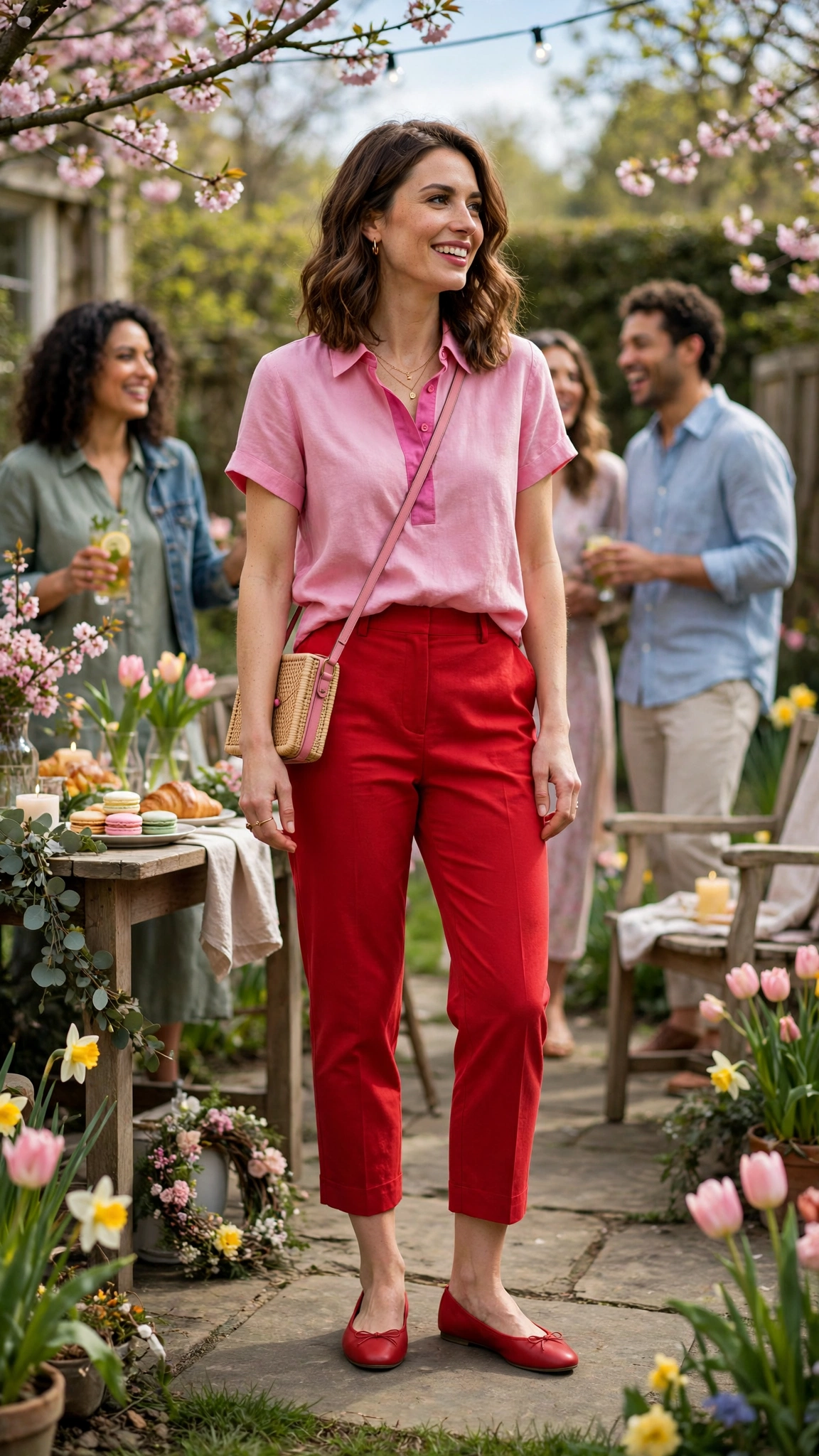 Fuchsia and Red Pink and Red Colour Block Outfit with red cropped trousers and ballet flats