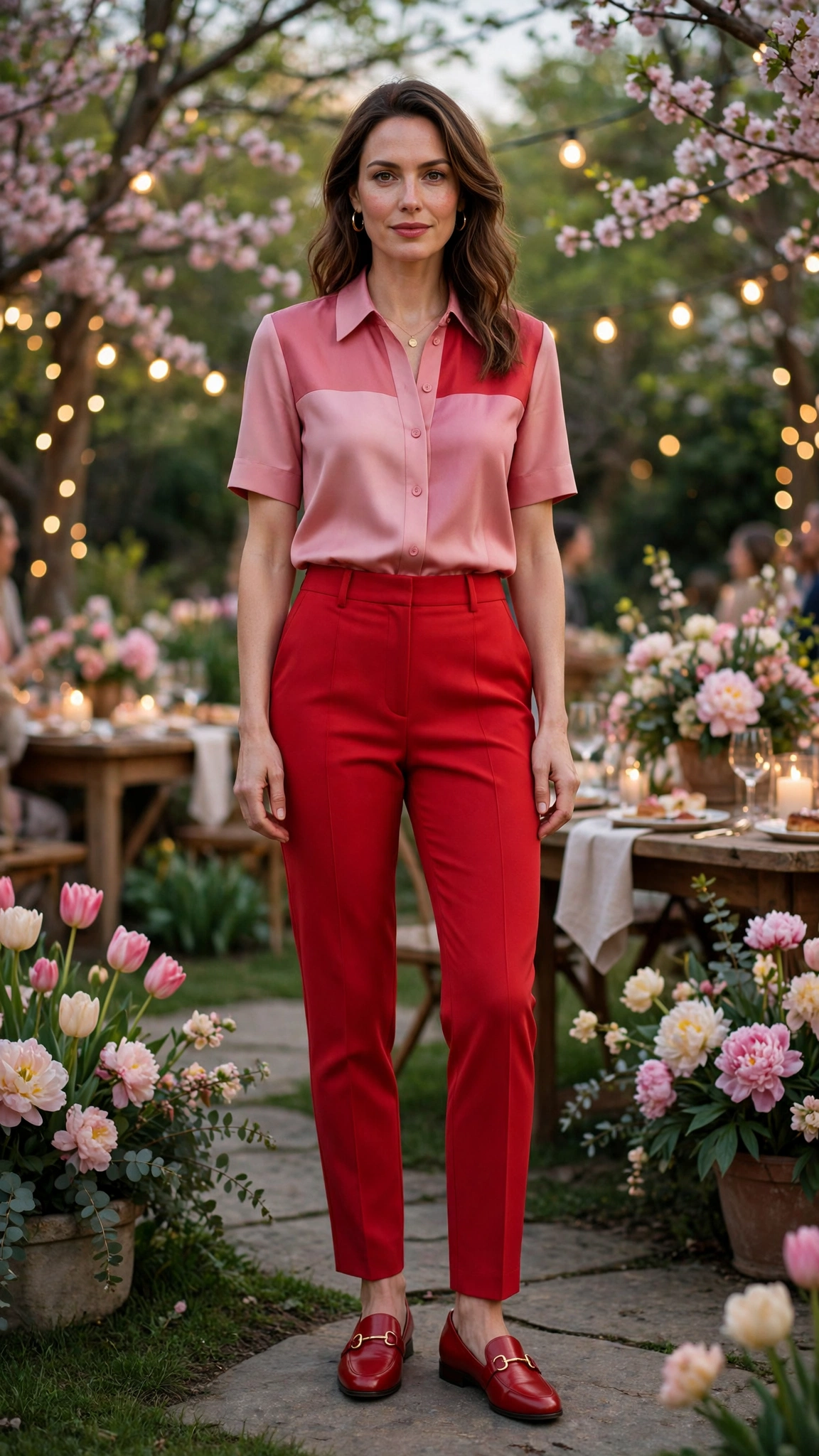 Rose Pink and Scarlet Pink and Red Colour Block Outfit with red tailored trousers and loafers