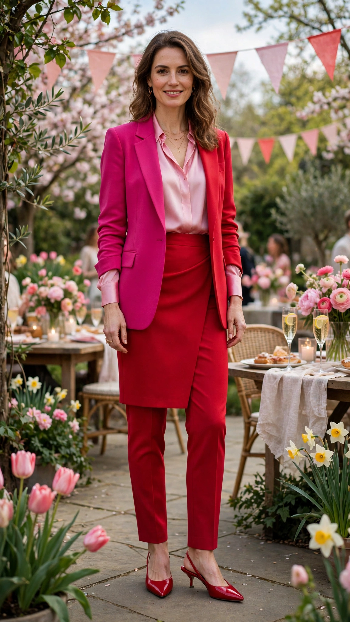 Fuchsia and Red Pink and Red Colour Block Outfit with a red pencil skirt and kitten heels