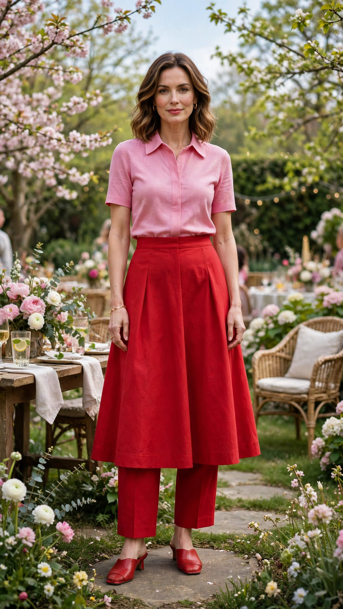 Pink and Red Pink and Red Colour Block Outfit with a red A-line skirt and mules