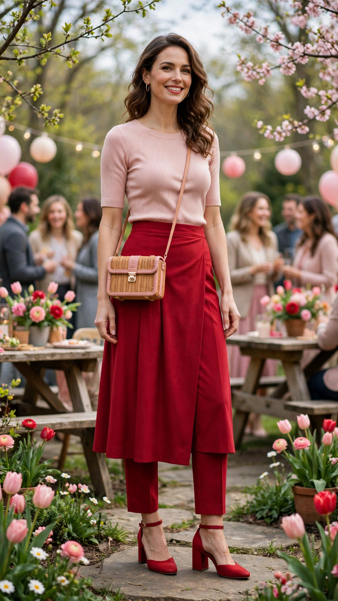 Blush Pink and Crimson Pink and Red Colour Block Outfit with a red midi skirt and block heels