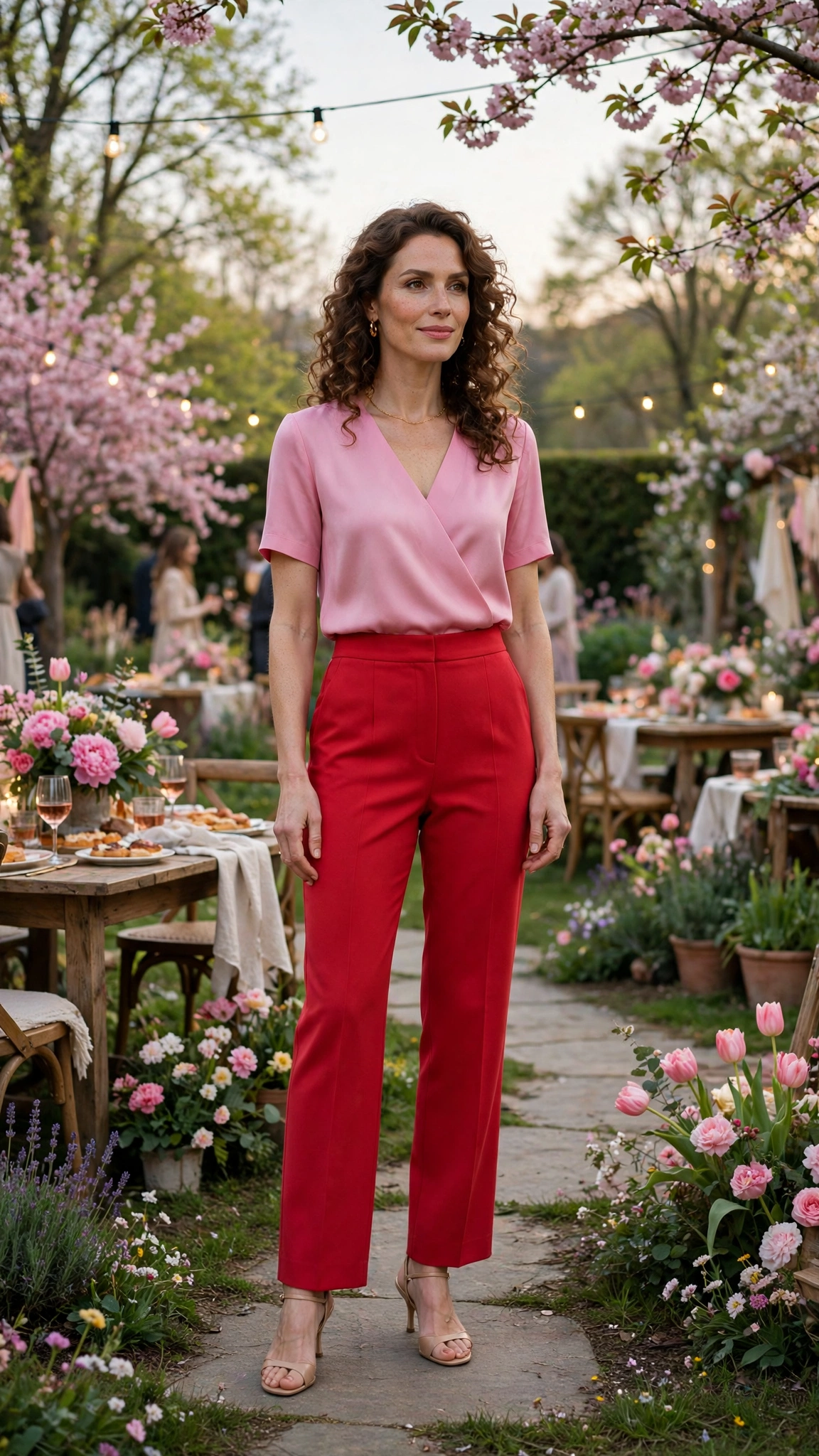 Red and Pink Pink and Red Colour Block Outfit with red trousers and nude heels