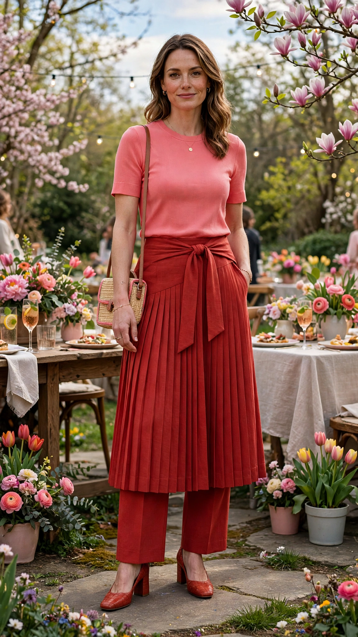 Coral Pink and Brick Red Pink and Red Colour Block Outfit with a red midi skirt and block heels