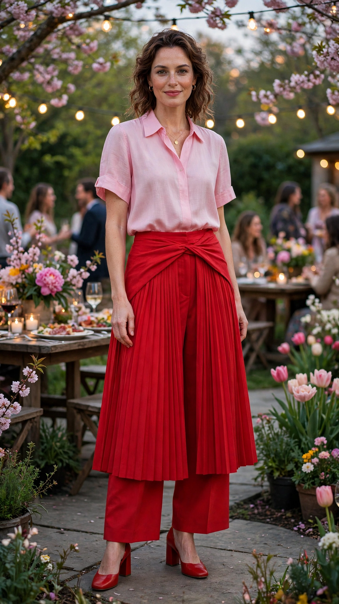 Red and Pink Pink and Red Colour Block Outfit with a red midi skirt and block heels