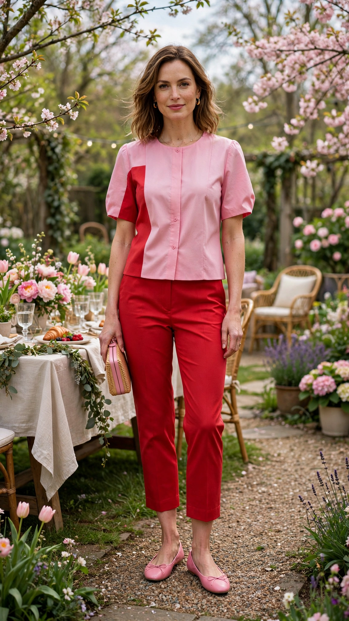 Red and Pink Pink and Red Colour Block Outfit with red cropped trousers and ballet flats