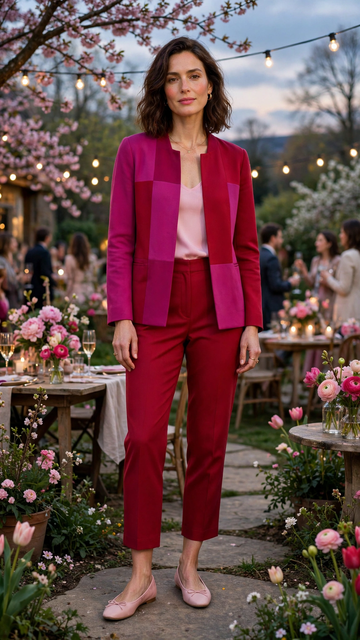 Magenta and Ruby Pink and Red Colour Block Outfit with red cropped trousers and ballet flats