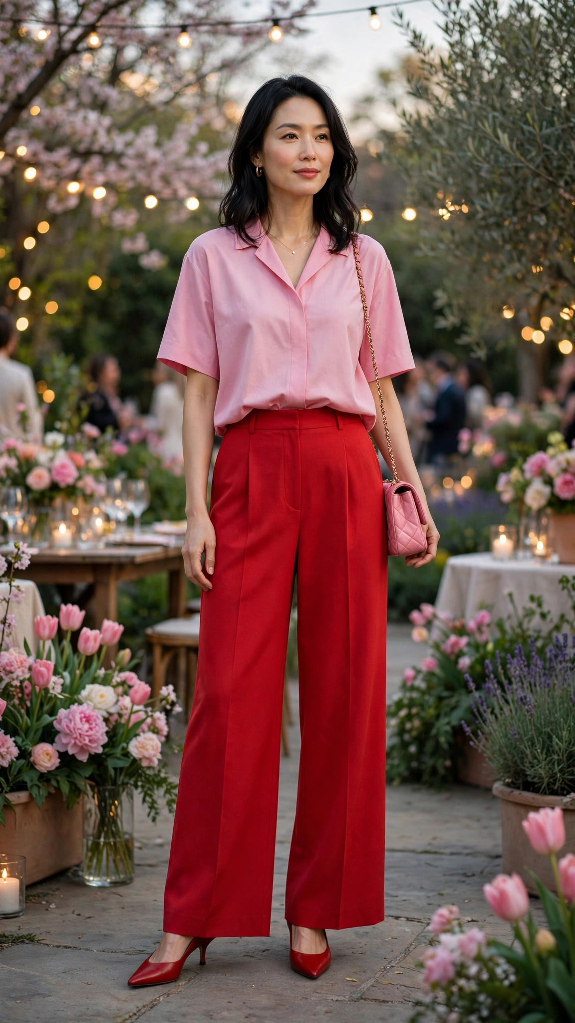 Pink and Red Pink and Red Colour Block Outfit with red wide-leg trousers and pointed pumps