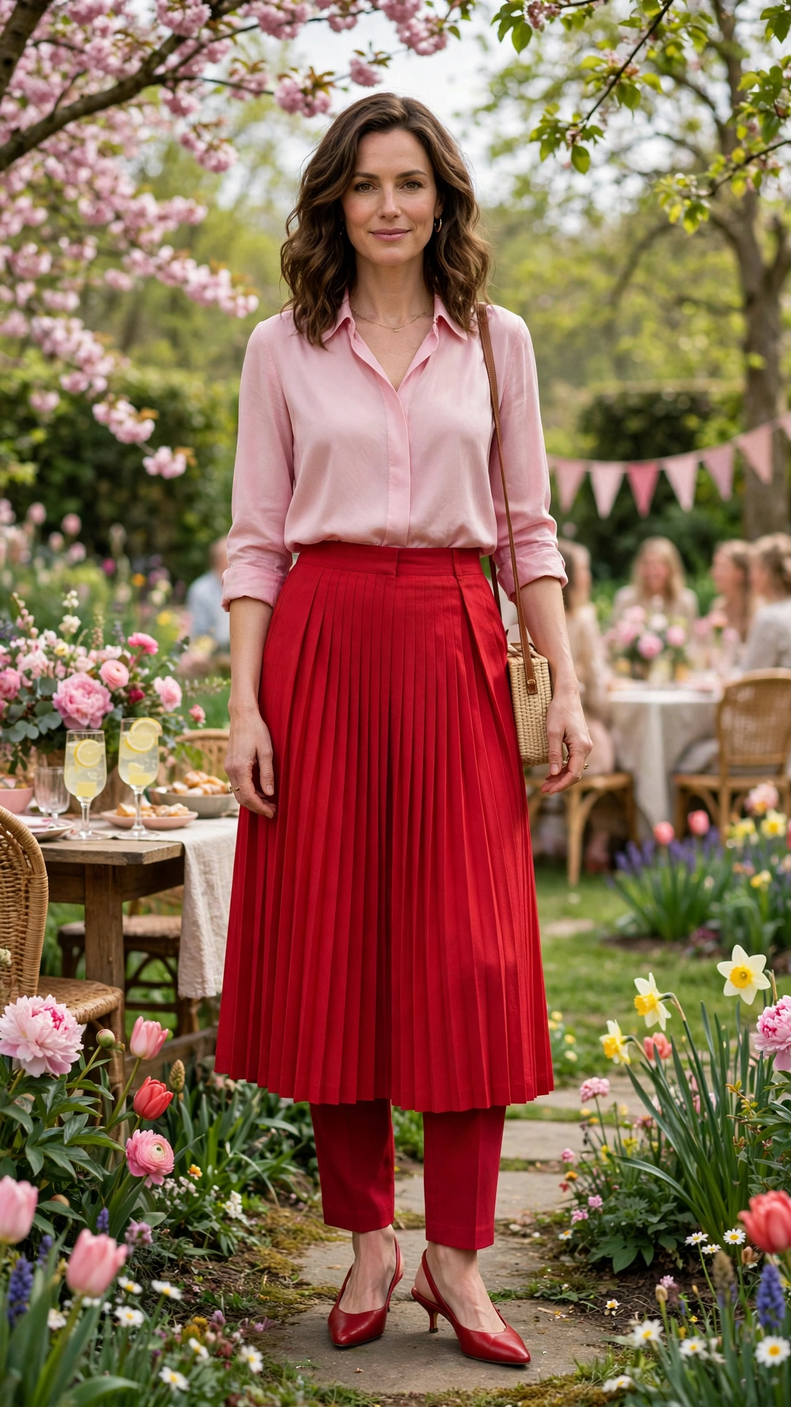 Fuchsia and Red Pink and Red Colour Block Outfit with a red pleated skirt and slingbacks