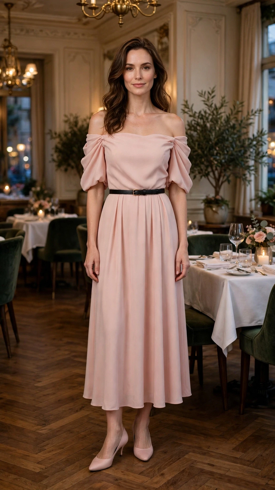 Blush pink off-shoulder dress with kitten heels and a slim leather belt
