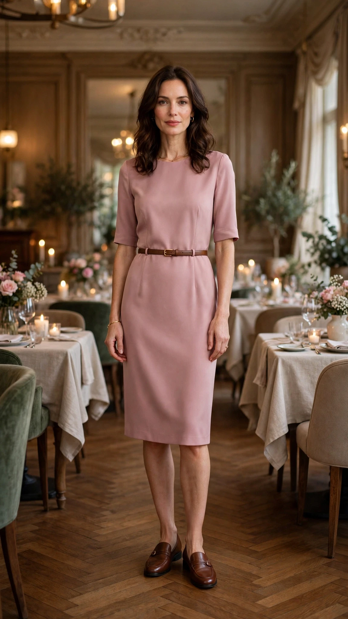 Dusty pink sheath dress with smart loafers and a slim leather belt