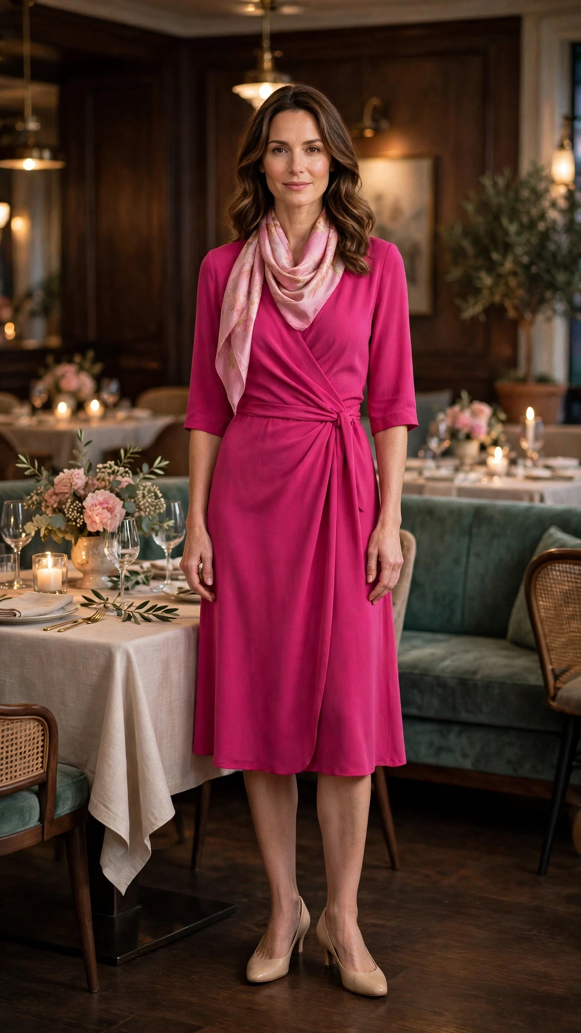 Fuchsia pink wrap dress with low-heeled pumps and a silk scarf