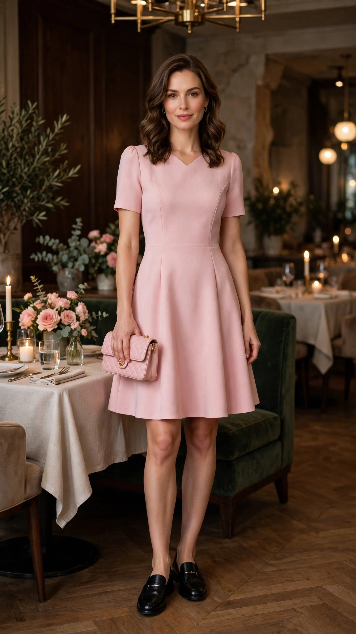 Soft pink A-line dress with smart loafers and a small structured clutch