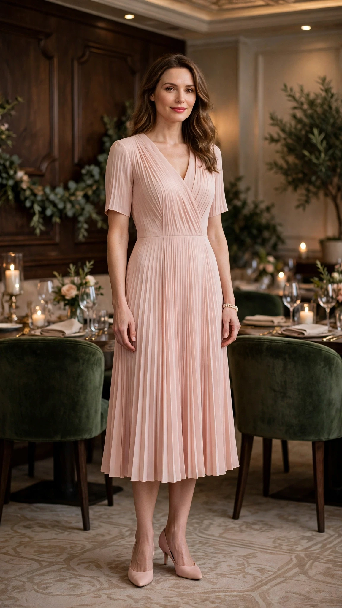 Blush pink pleated dress with kitten heels and a pearl bracelet