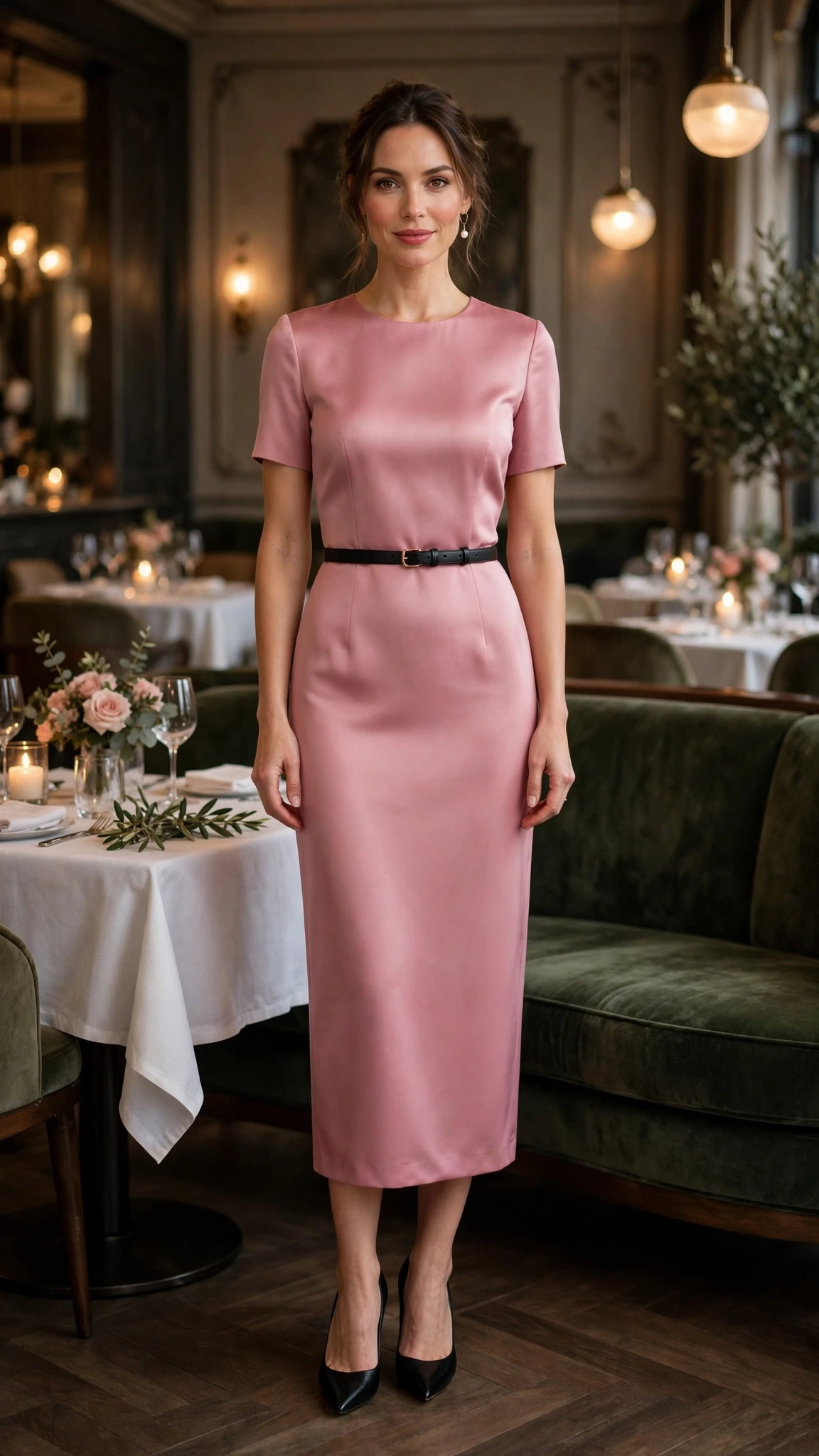 Rose pink sheath dress with black pointed heels and a slim leather belt