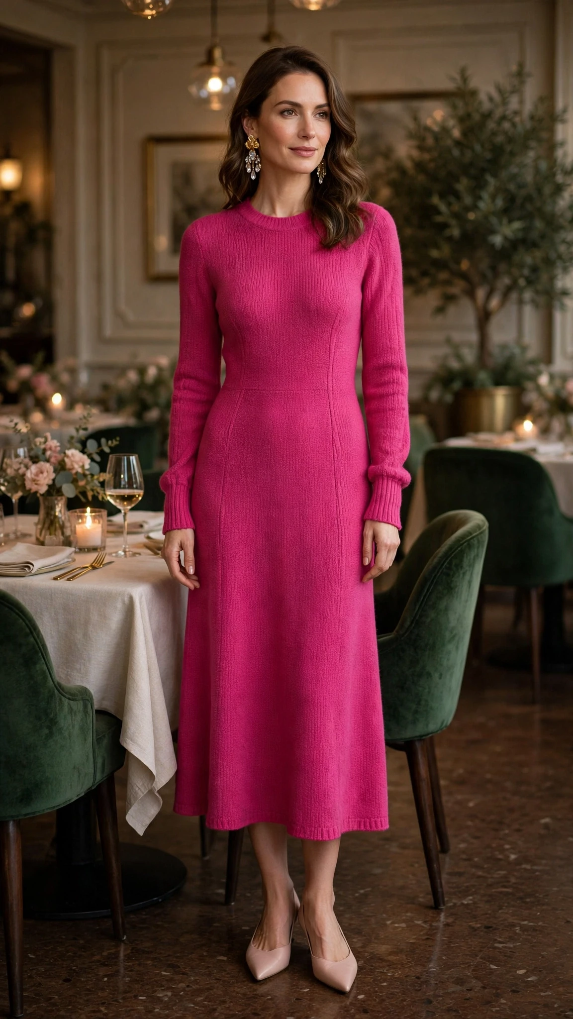 Fuchsia pink knit dress with elegant pointed flats and statement earrings