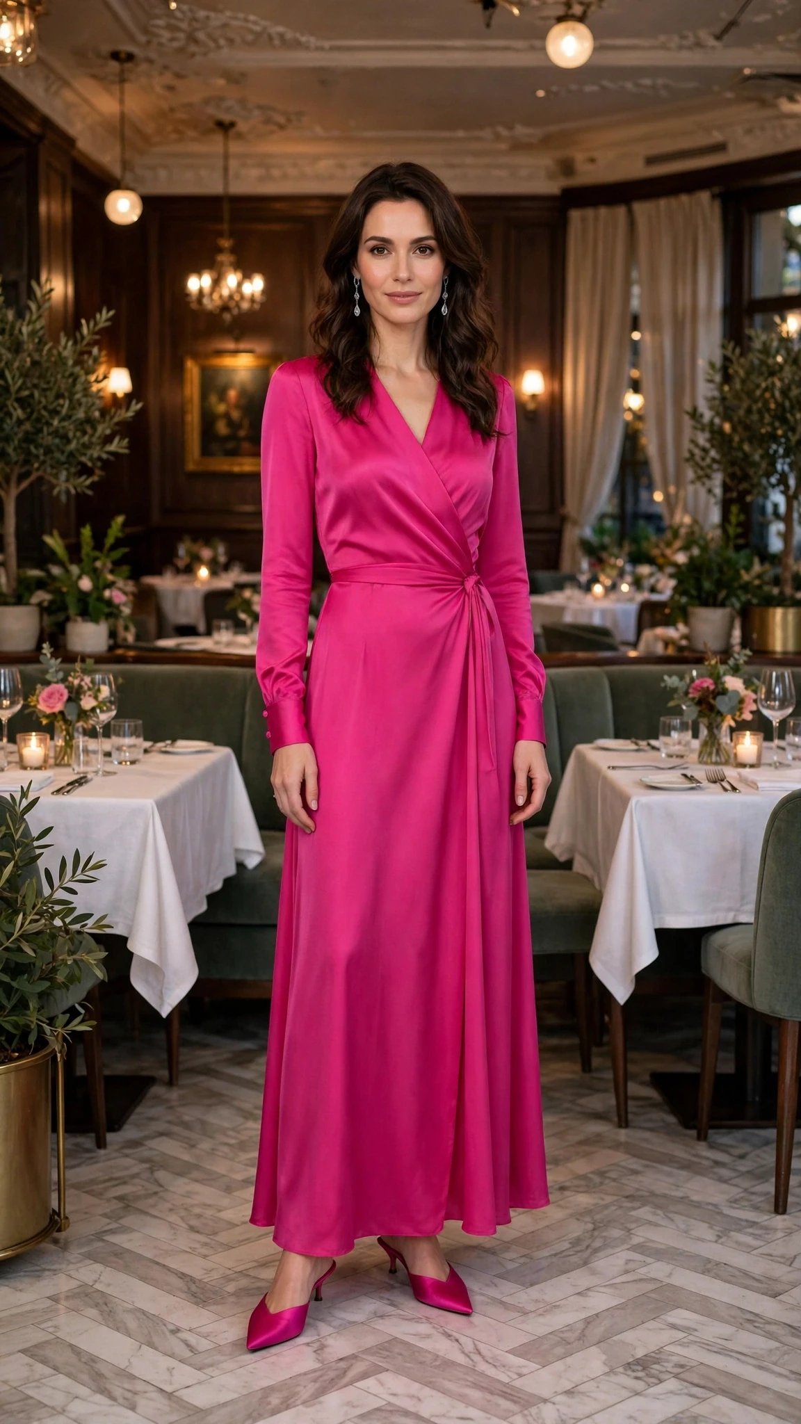 Fuchsia pink long-sleeve dress with pointed mules and silver drop earrings