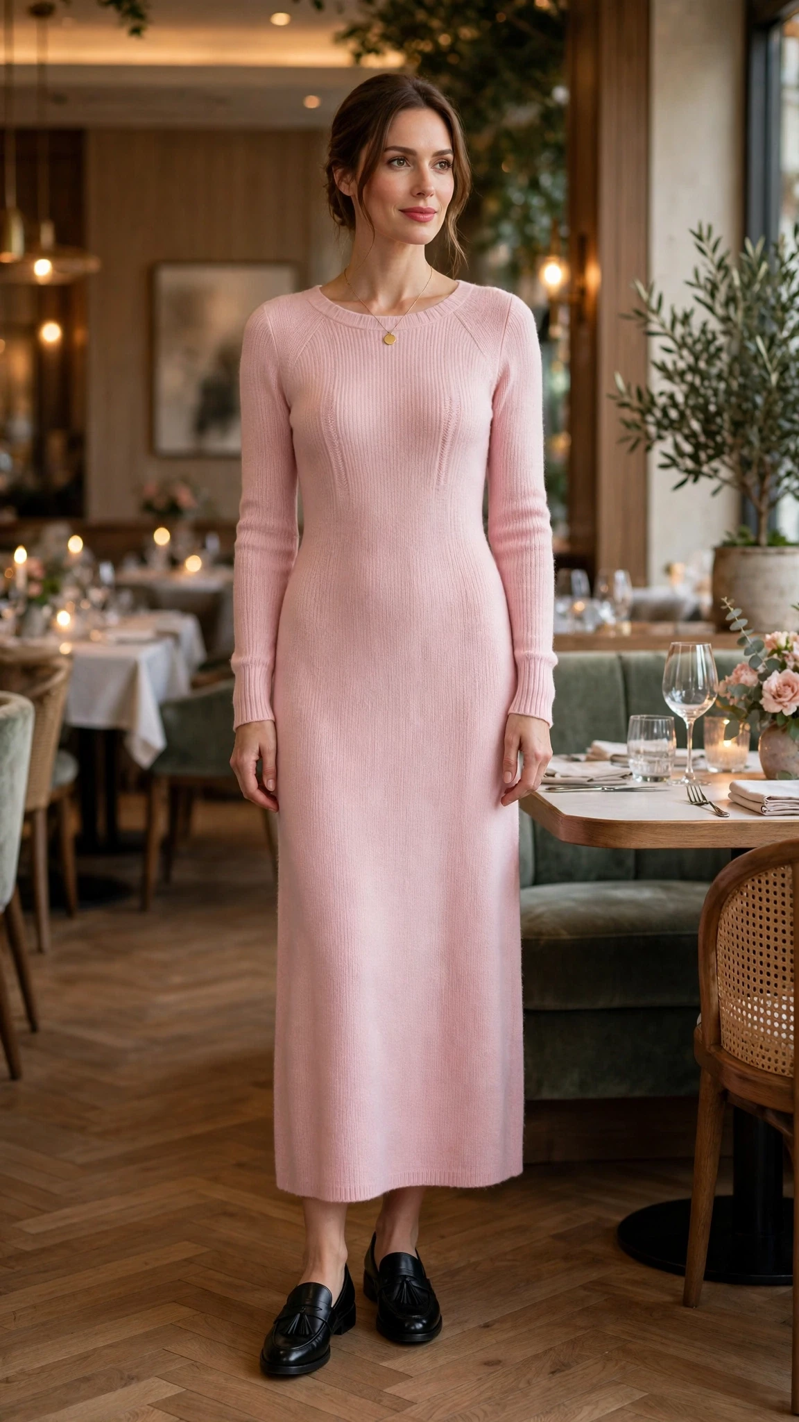 Pastel pink knit dress with smart loafers and a delicate gold necklace