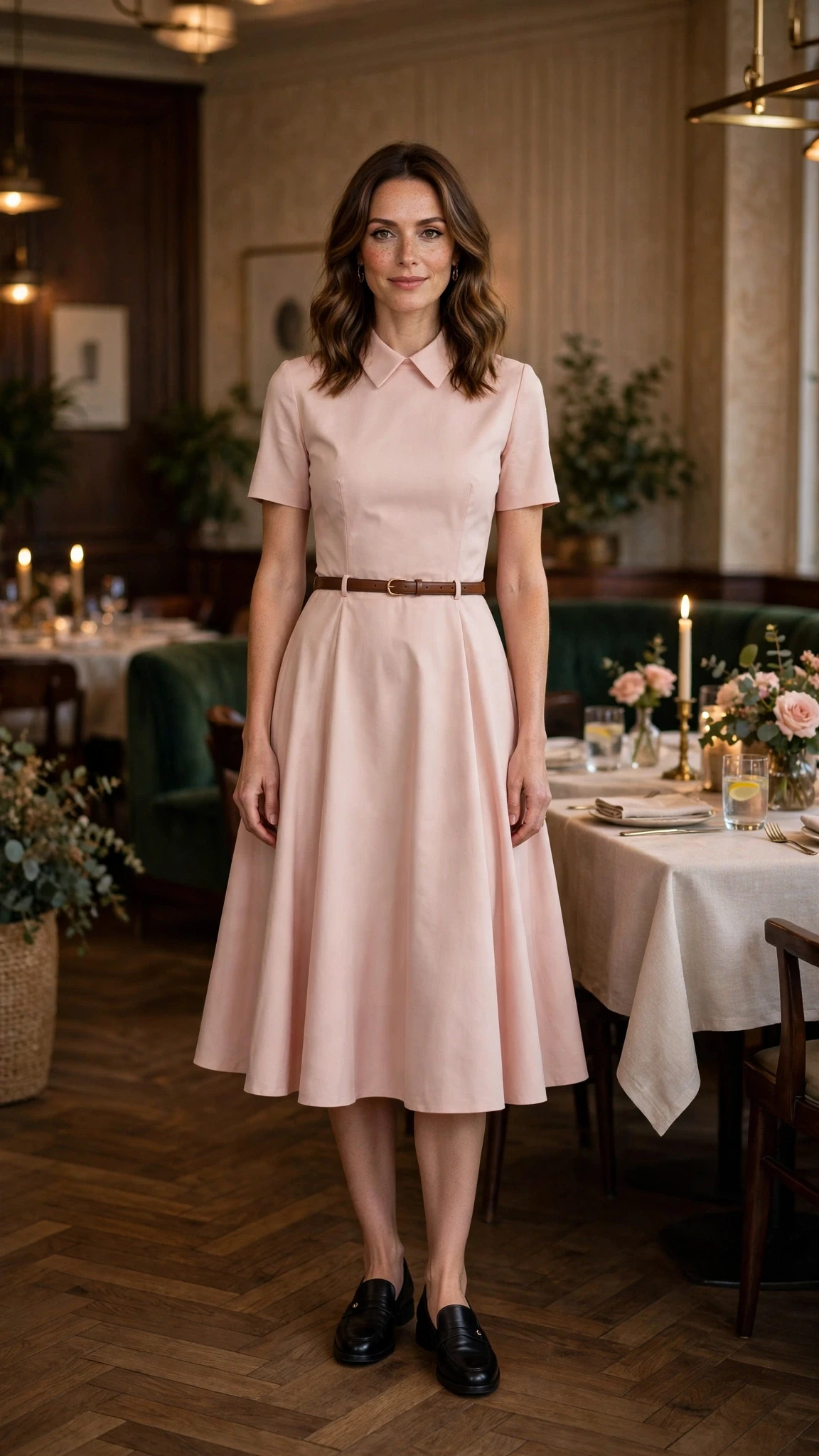 Blush pink fit-and-flare dress with smart loafers and a slim leather belt