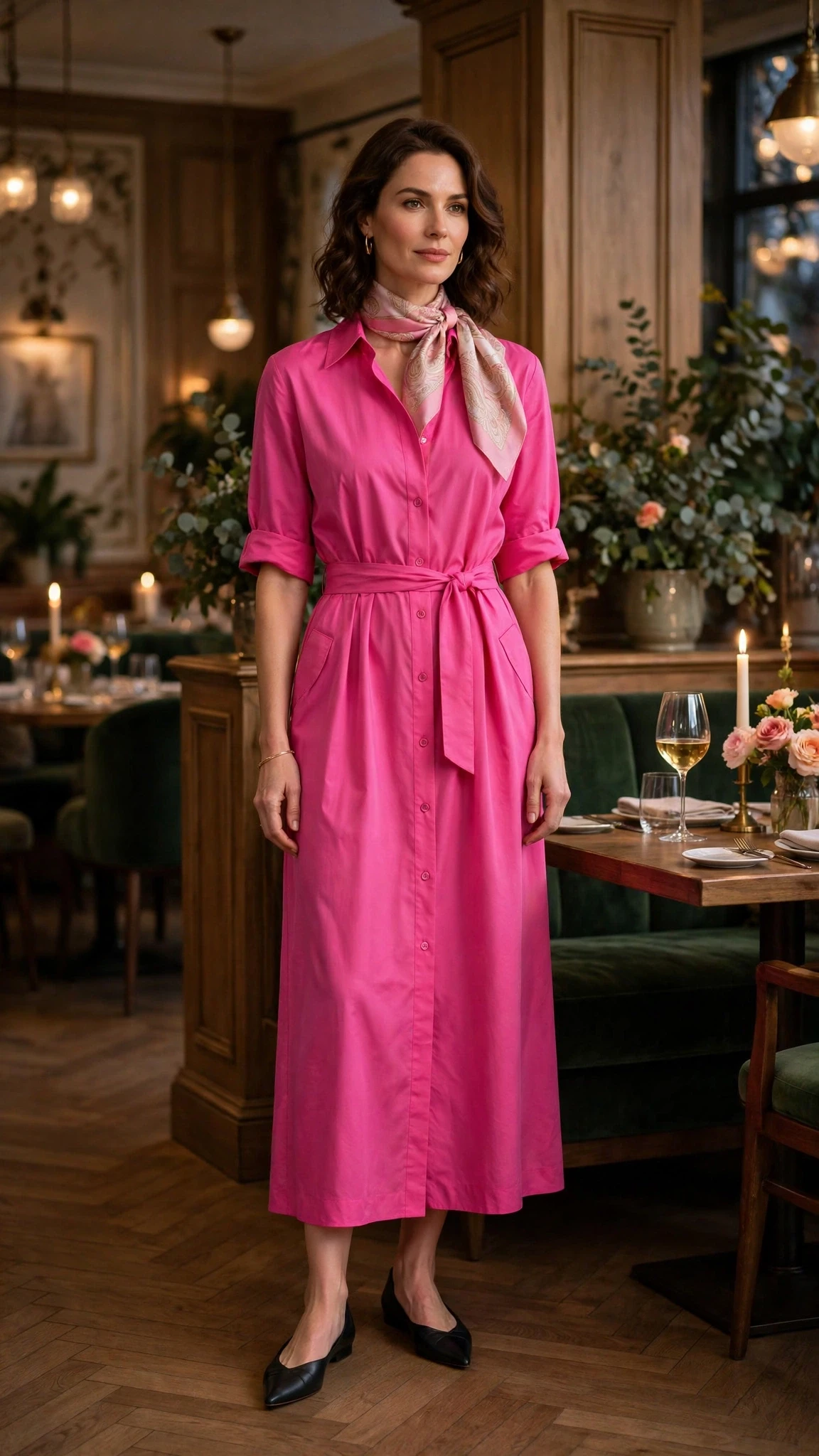 Hot pink shirt dress with elegant pointed flats and a silk scarf