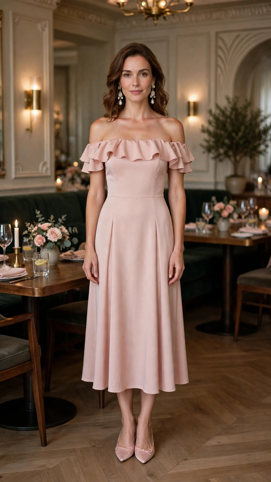 Blush pink off-shoulder dress with elegant pointed flats and statement earrings