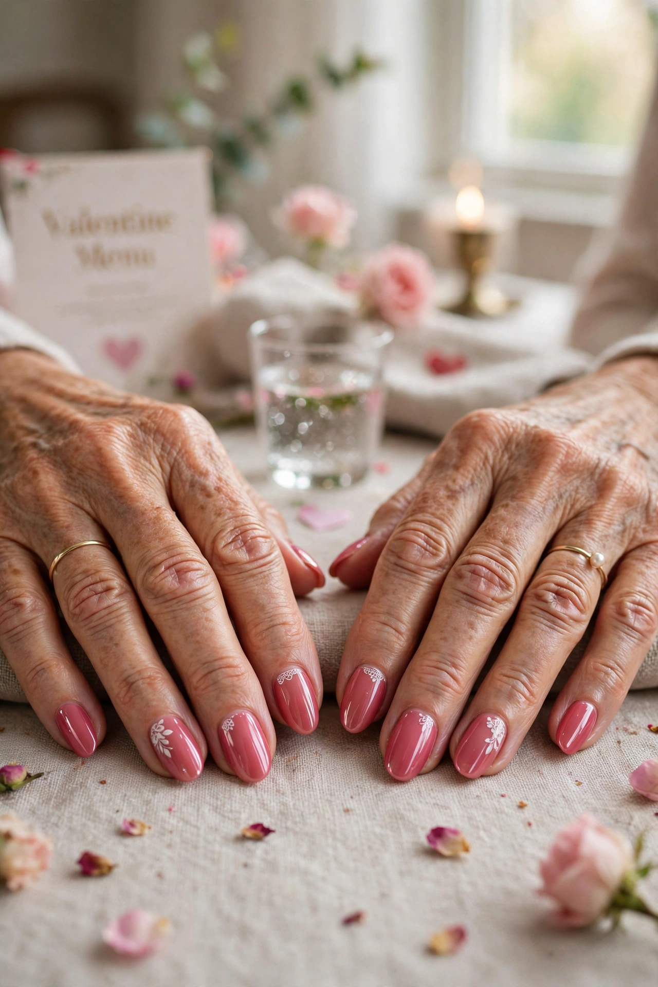 Rose Pink Pink Lip Gloss Almond Nails in Almond Shape with a Delicate White Detail