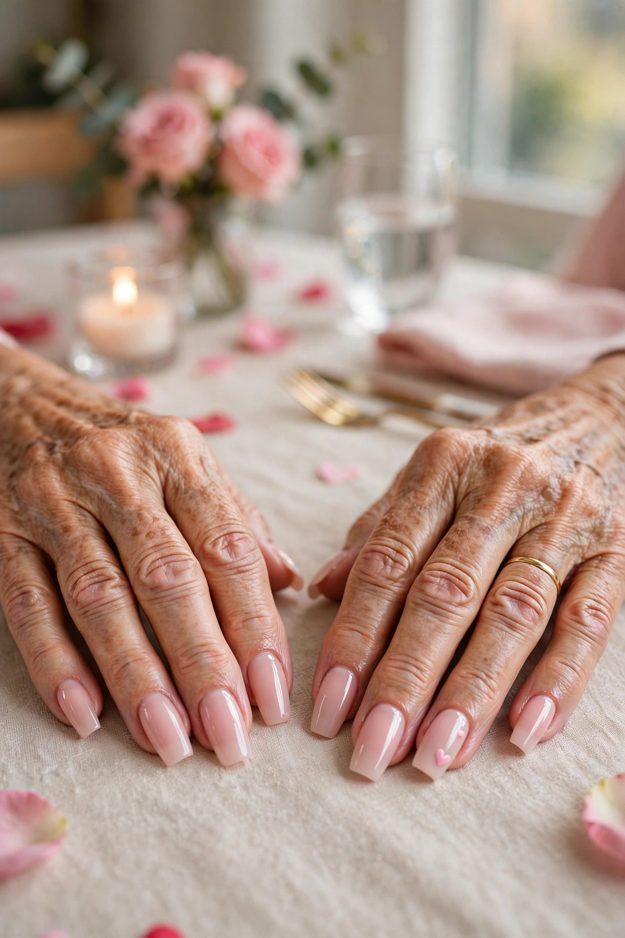 Pale Pink Pink Lip Gloss Almond Nails in Coffin Shape with a Tiny Heart on the Accent Nail