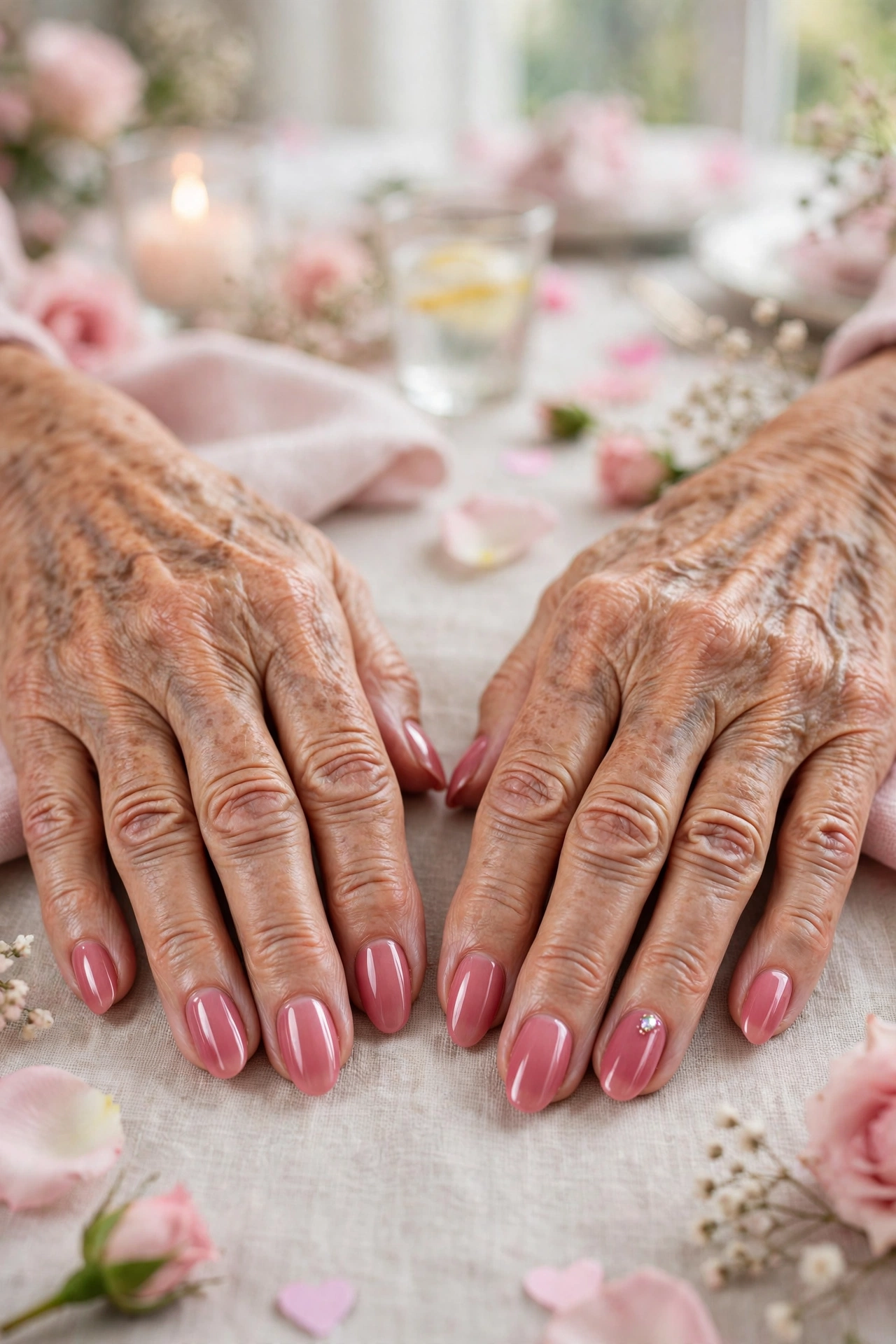 Rose Pink Pink Lip Gloss Almond Nails in Round Shape with a Jewel Accent on One Nail