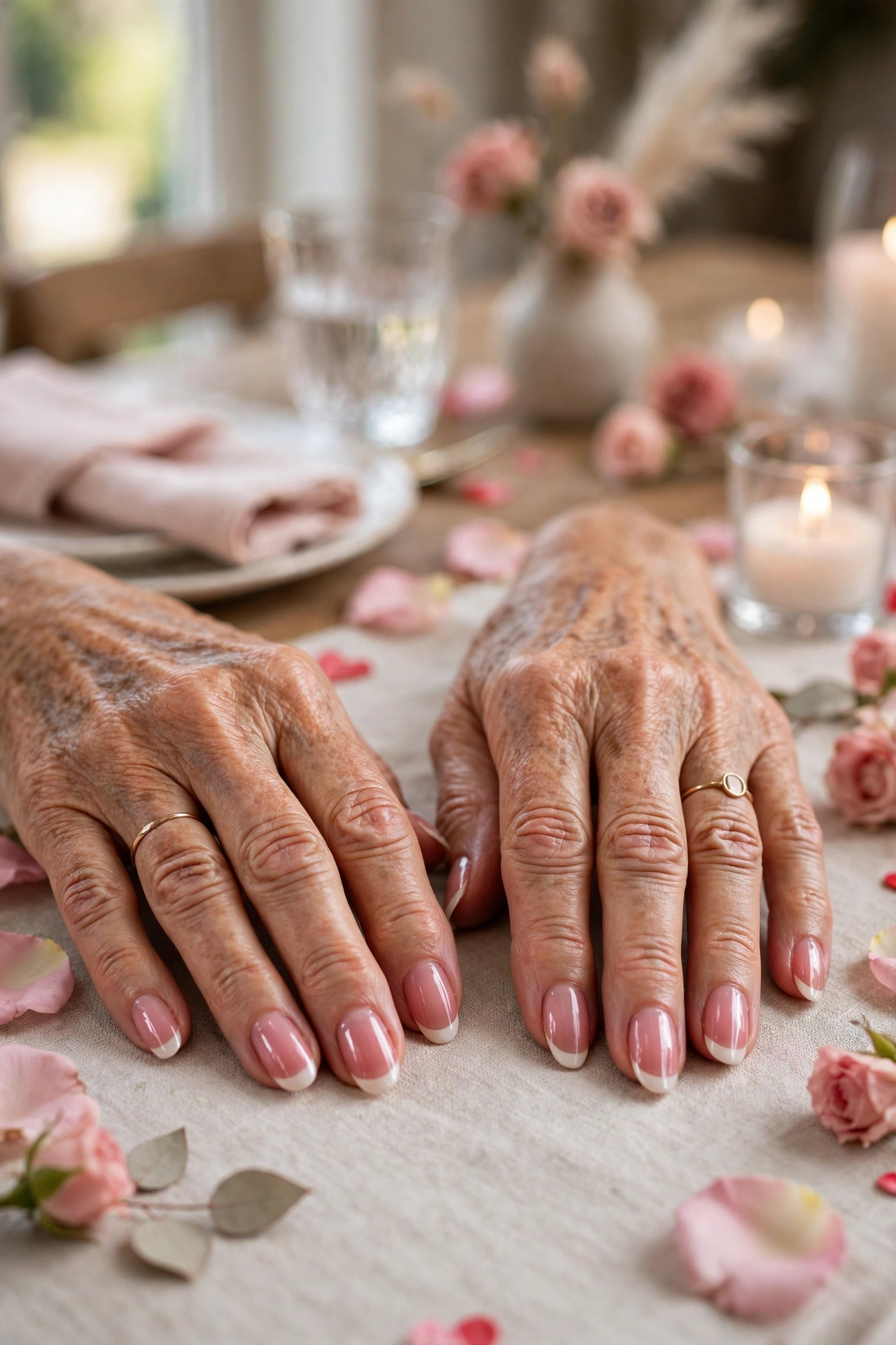 Rose Pink Pink Lip Gloss Almond Nails in Almond Shape with a Classic French Tip