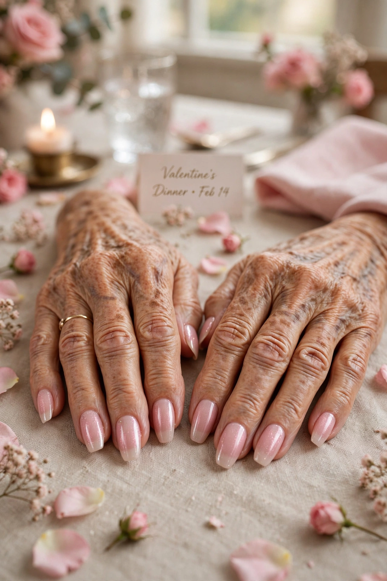 Pale Pink Pink Lip Gloss Almond Nails in Coffin Shape with a Sheer Shimmer Layer